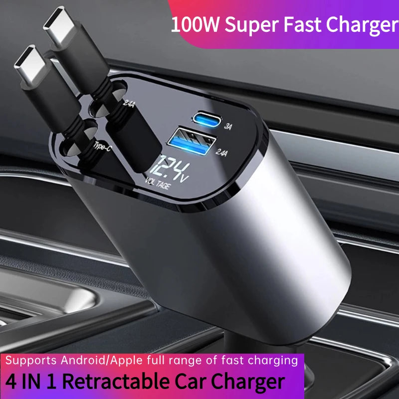 New 100w 4 IN 1 Retractable Fast Charge Car Charger | Type C | iPhone